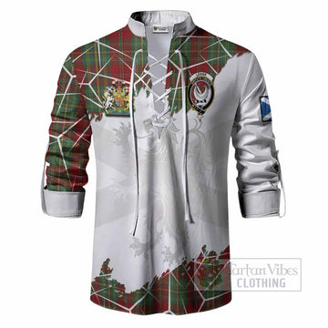 Leask Tartan Ghillie Shirt with Family Crest and Lion Rampant Grunge Style
