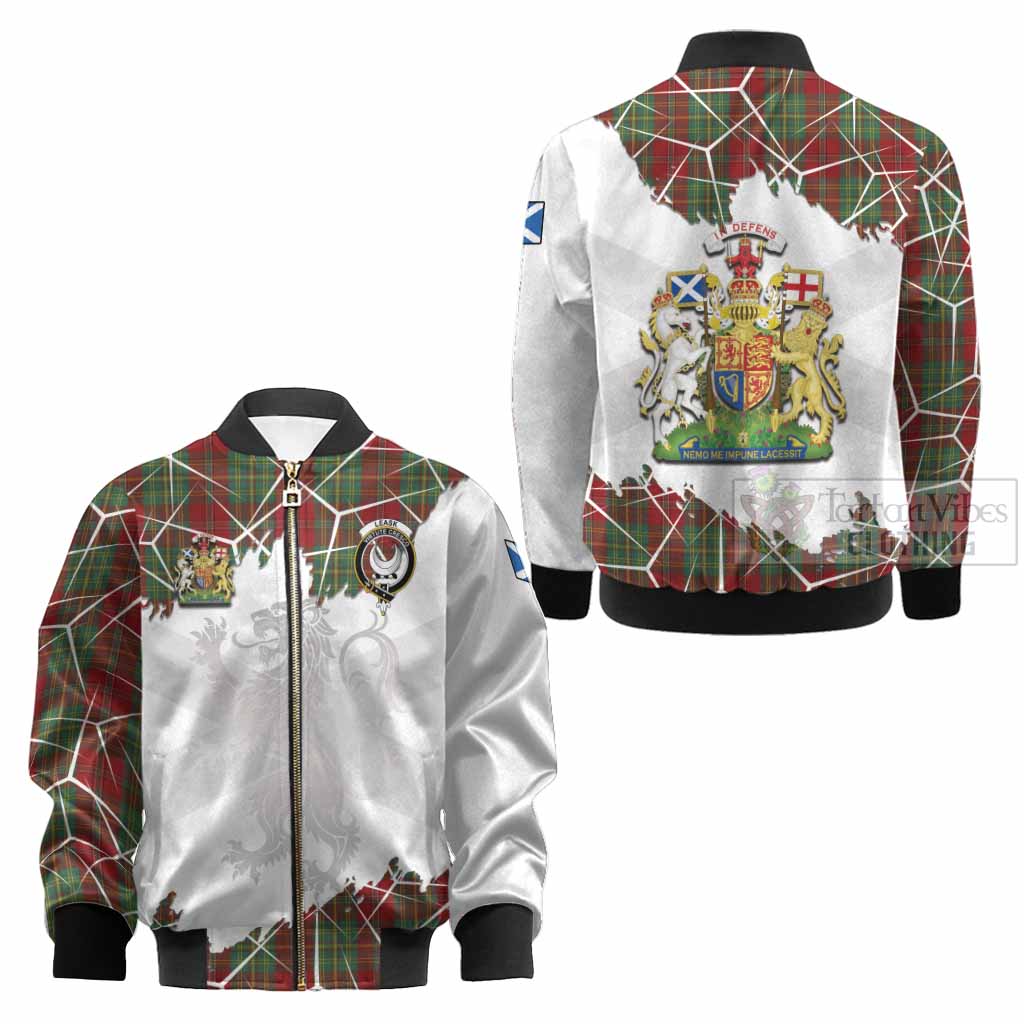 Leask Tartan Kid Bomber Jacket with Family Crest and Lion Rampant Grunge Style