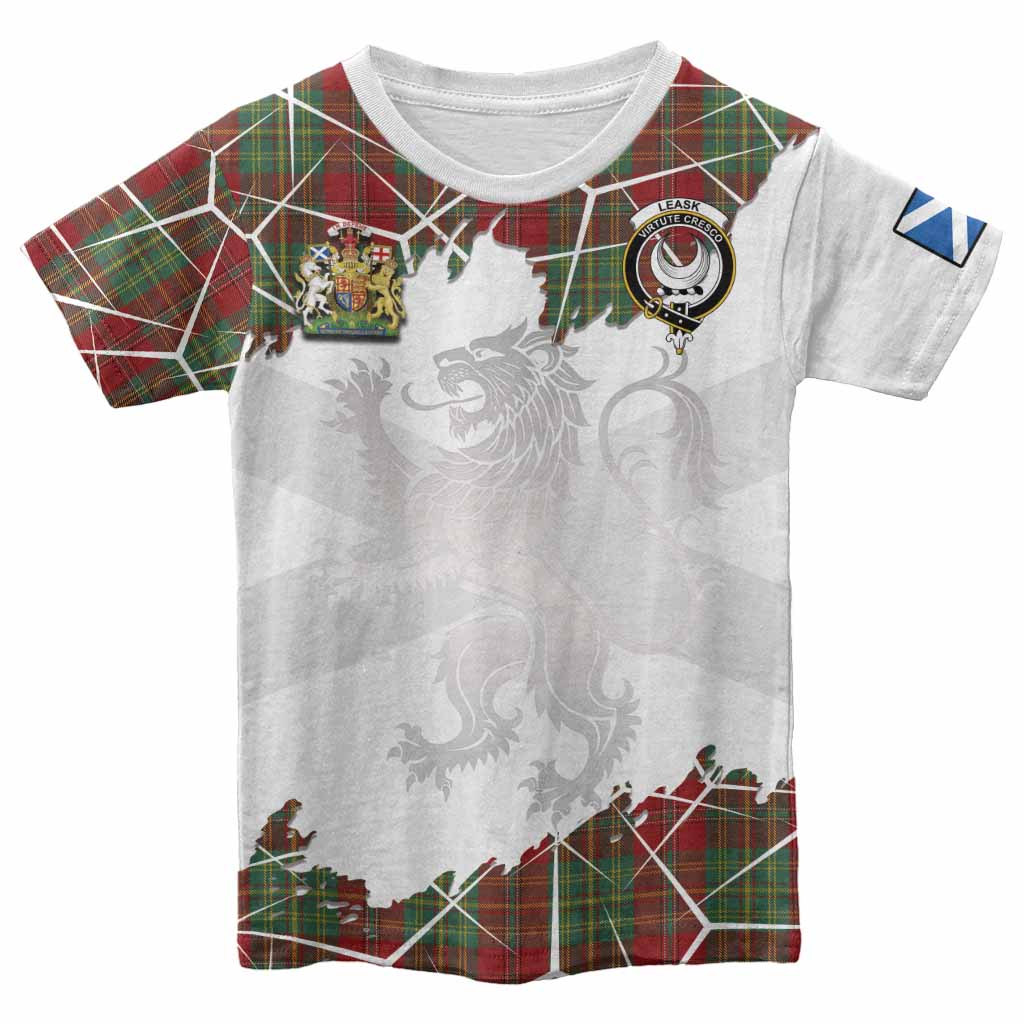 Leask Tartan Kid T-shirt with Family Crest and Lion Rampant Grunge Style