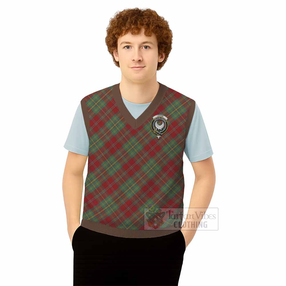 Leask Tartan Knitted V-Neck Vest with Family Crest Cross Style