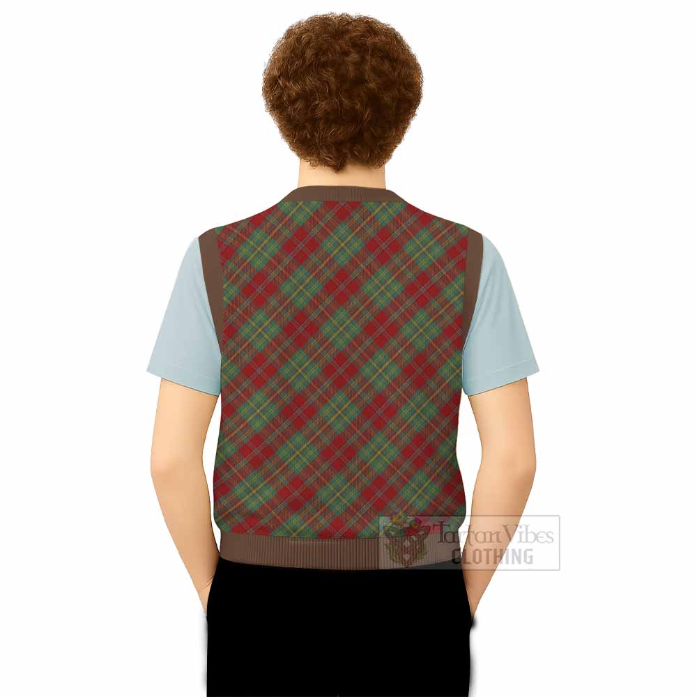 Leask Tartan Knitted V-Neck Vest with Family Crest Cross Style