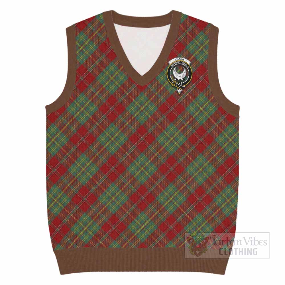 Leask Tartan Knitted V-Neck Vest with Family Crest Cross Style