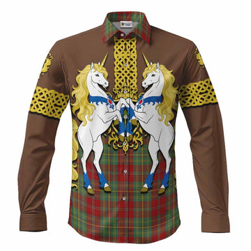 Leask Tartan Long Sleeve Button Shirts Unicorn Celtic Knot And Thistle Emblem