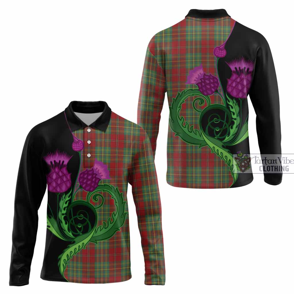 Leask Tartan Long Sleeve Polo Shirt Traditional Scottish Thistle