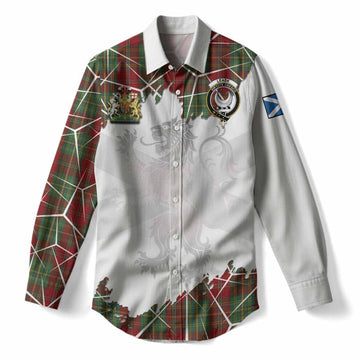 Leask Tartan Women Casual Shirt with Family Crest and Lion Rampant Grunge Style