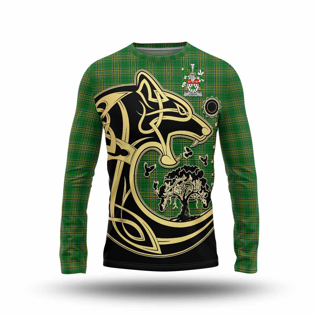 Leech Irish Tartan Long Sleeve T-Shirt with Coat of Arms Celtic Wolf Style Unisex - Tartan Vibes Clothing
