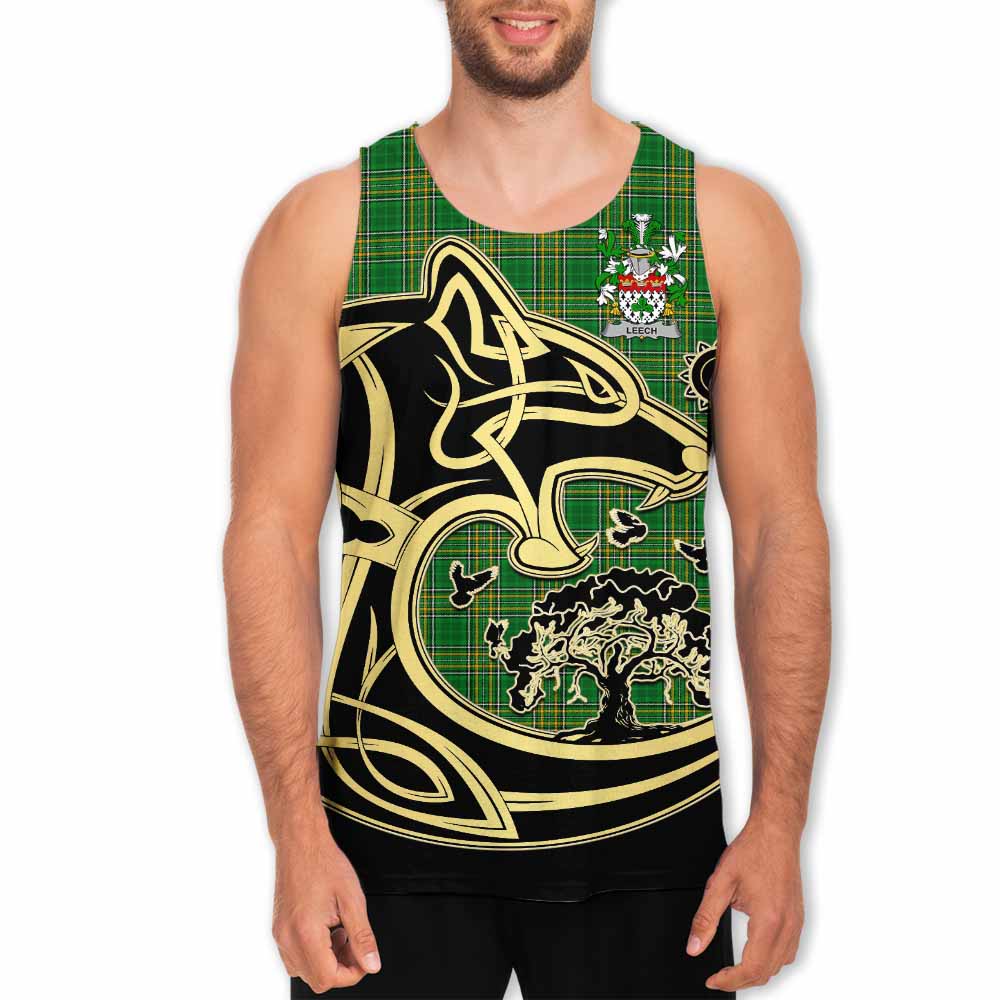 Tartan Vibes Clothing Leech Irish Tartan Men's Tank Top with Coat of Arms Celtic Wolf Style