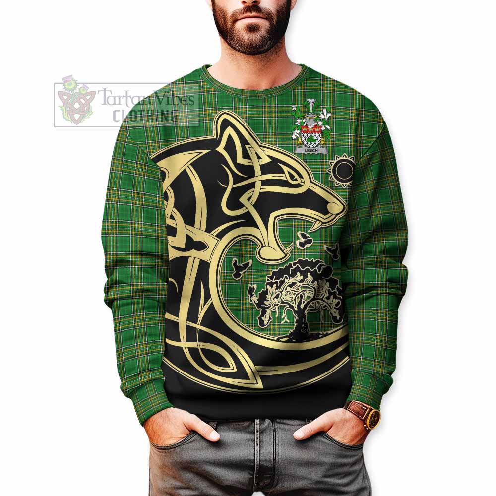 Tartan Vibes Clothing Leech Irish Tartan Sweatshirt with Coat of Arms Celtic Wolf Style