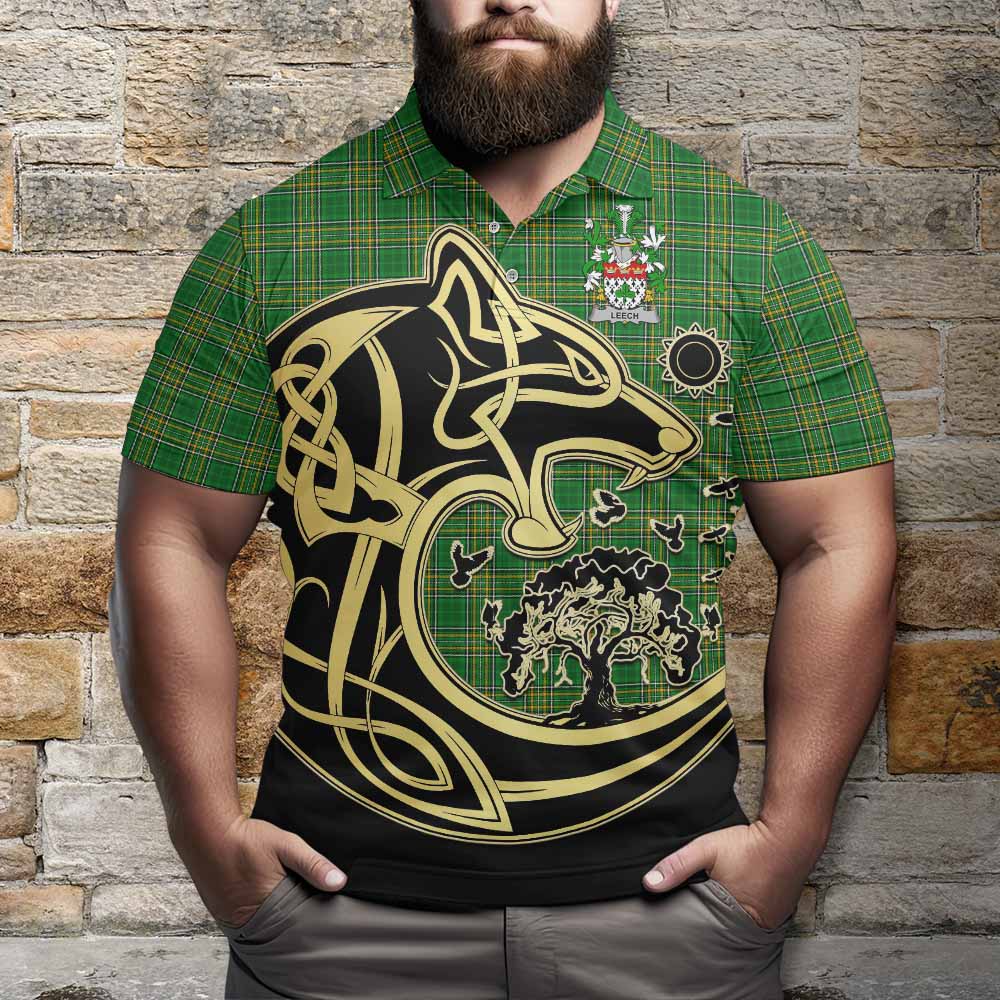 Leech Irish Tartan Polo Shirt with Coat of Arms Celtic Wolf Style - Tartan Vibes Clothing