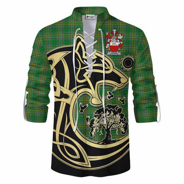 Leeson Irish Tartan Ghillie Kilt Shirt with Coat of Arms Celtic Wolf Style Men - Tartan Vibes Clothing