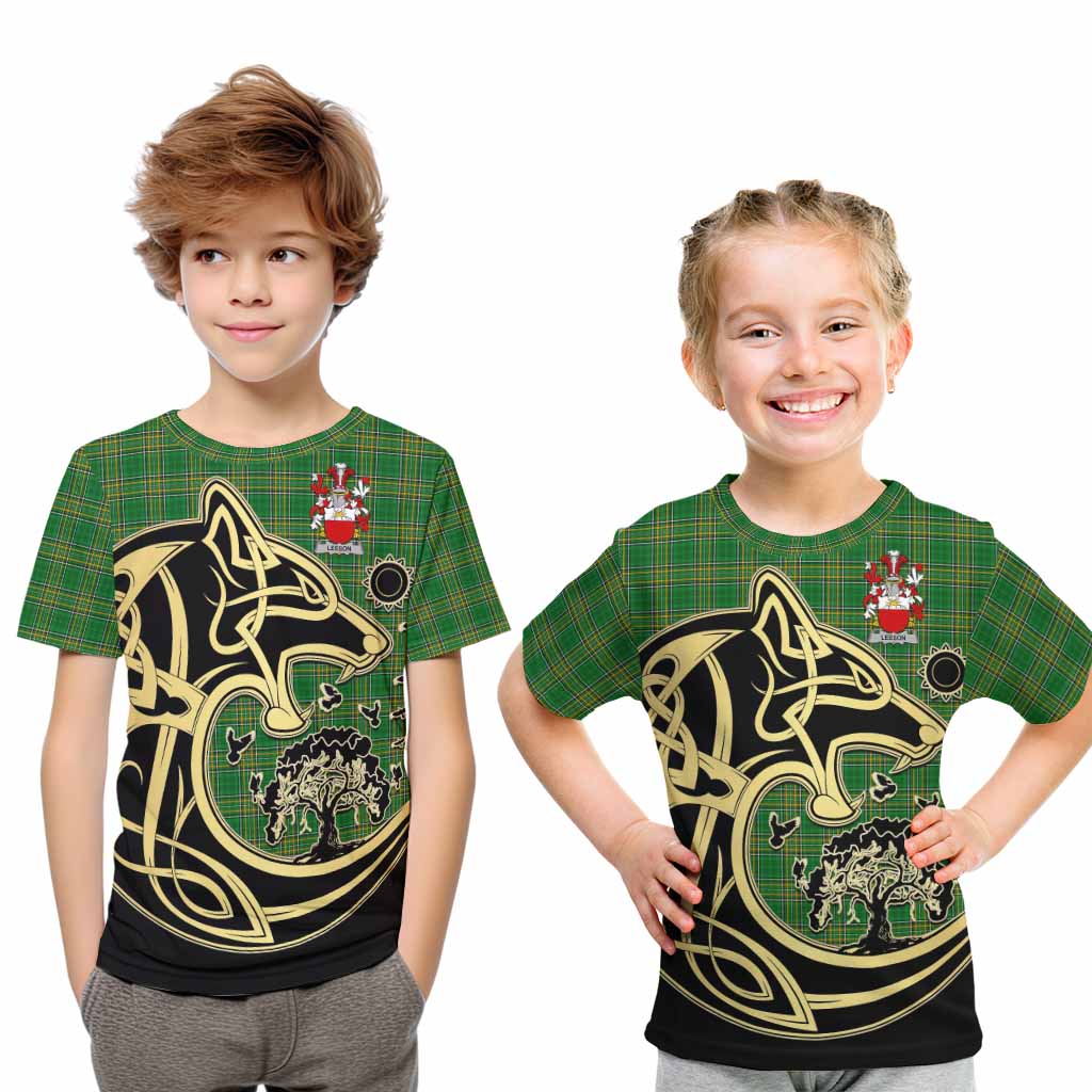 Leeson Irish Tartan Kid T-Shirt with Coat of Arms Celtic Wolf Style Youth XL Size14 - Tartan Vibes Clothing