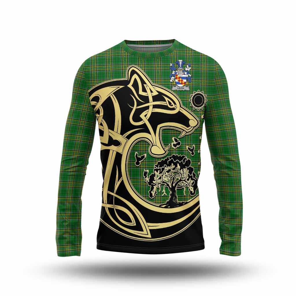 Tartan Vibes Clothing Leigh Irish Tartan Long Sleeve T-Shirt with Coat of Arms Celtic Wolf Style