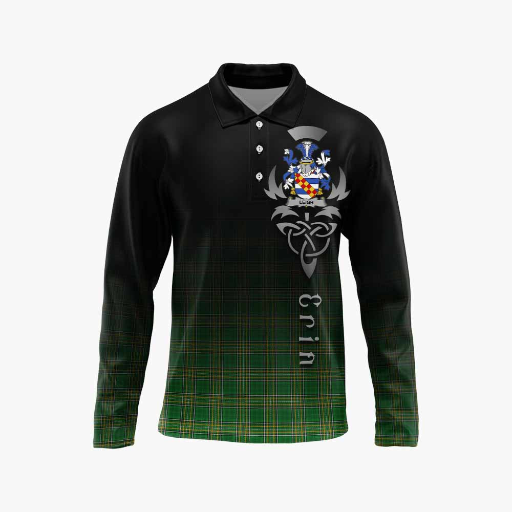 Tartan Vibes Clothing Leigh Irish Clan Long Sleeve Polo Shirt with Coat of Arms Erin Go Bragh Celtic Inspired