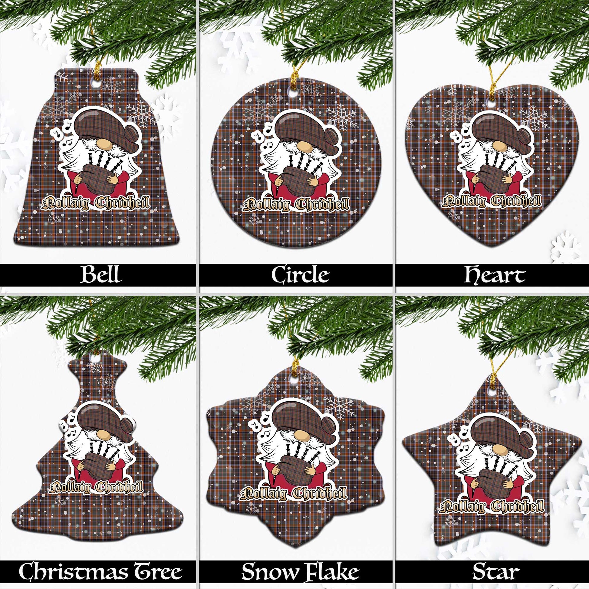Leitrim County Ireland Tartan Christmas Ornaments with Scottish Gnome Playing Bagpipes Ceramic - Tartanvibesclothing