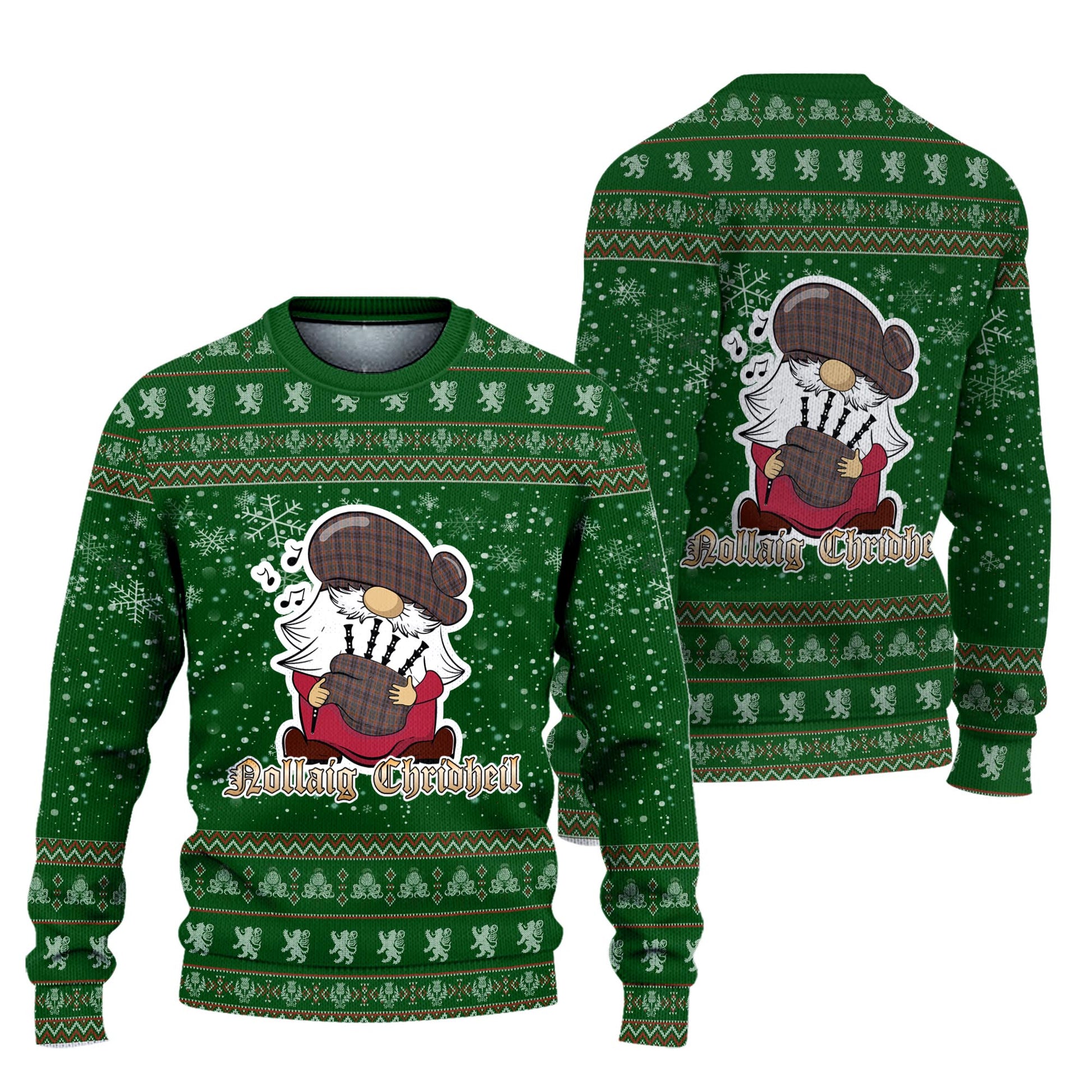 Leitrim County Ireland Clan Christmas Family Knitted Sweater with Funny Gnome Playing Bagpipes Unisex Green - Tartanvibesclothing