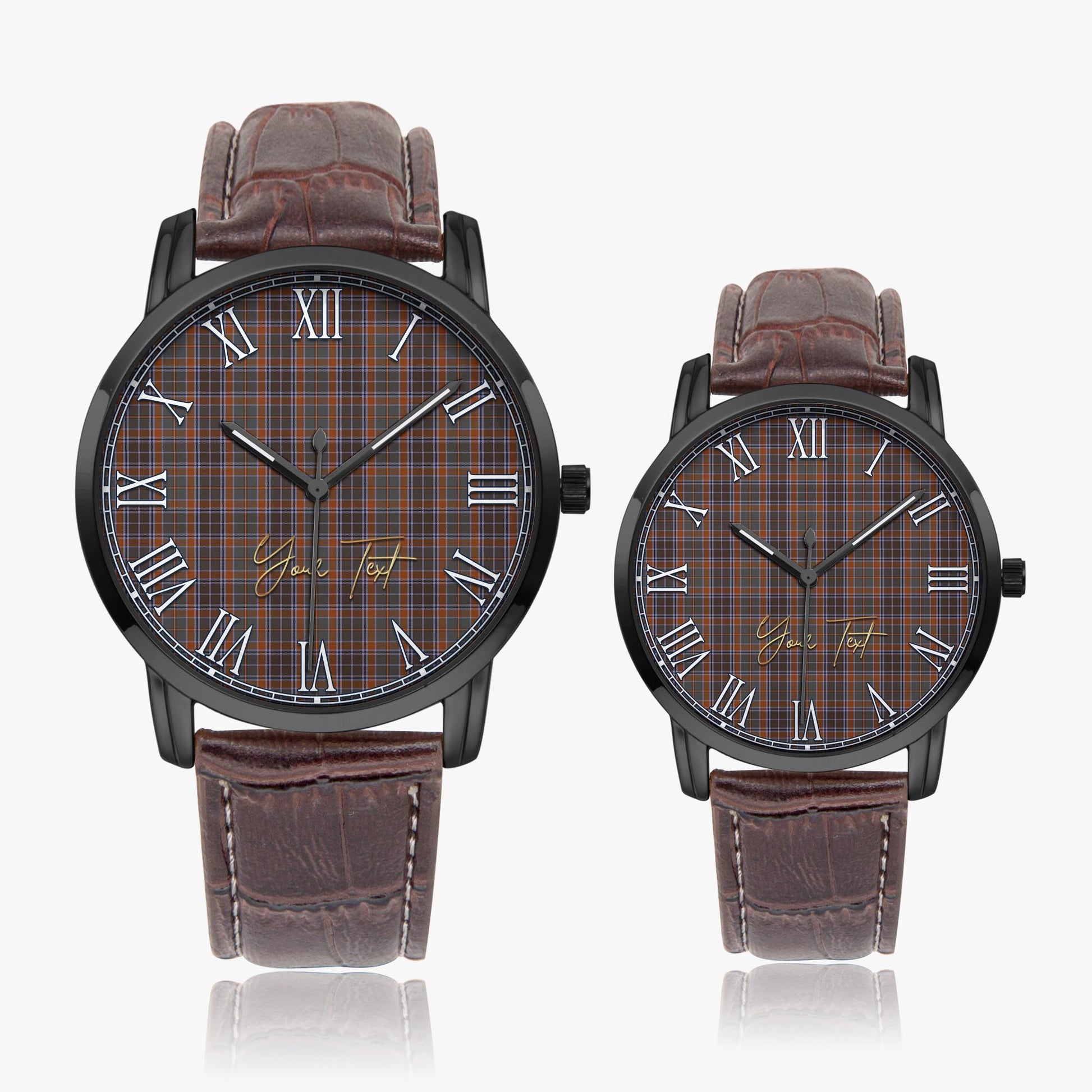 Leitrim County Ireland Tartan Personalized Your Text Leather Trap Quartz Watch Wide Type Black Case With Brown Leather Strap - Tartanvibesclothing