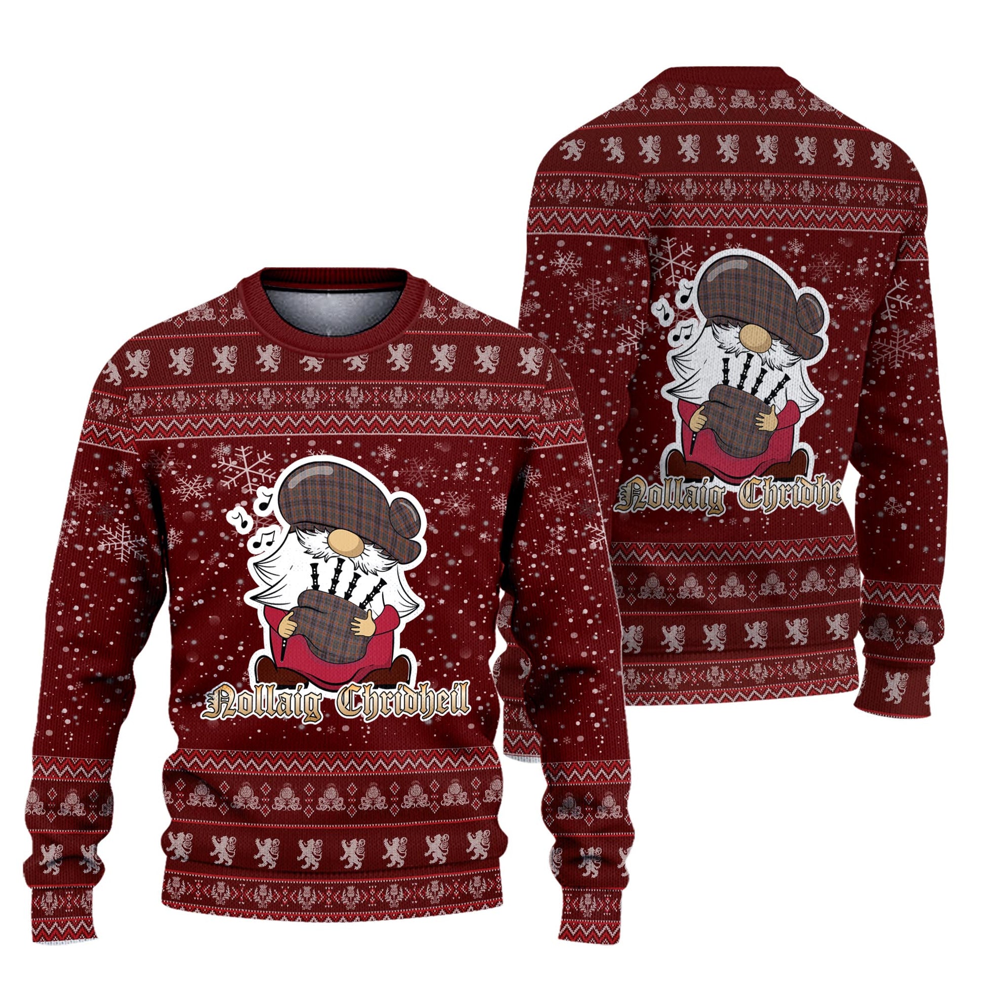 Leitrim County Ireland Clan Christmas Family Knitted Sweater with Funny Gnome Playing Bagpipes Unisex Red - Tartanvibesclothing