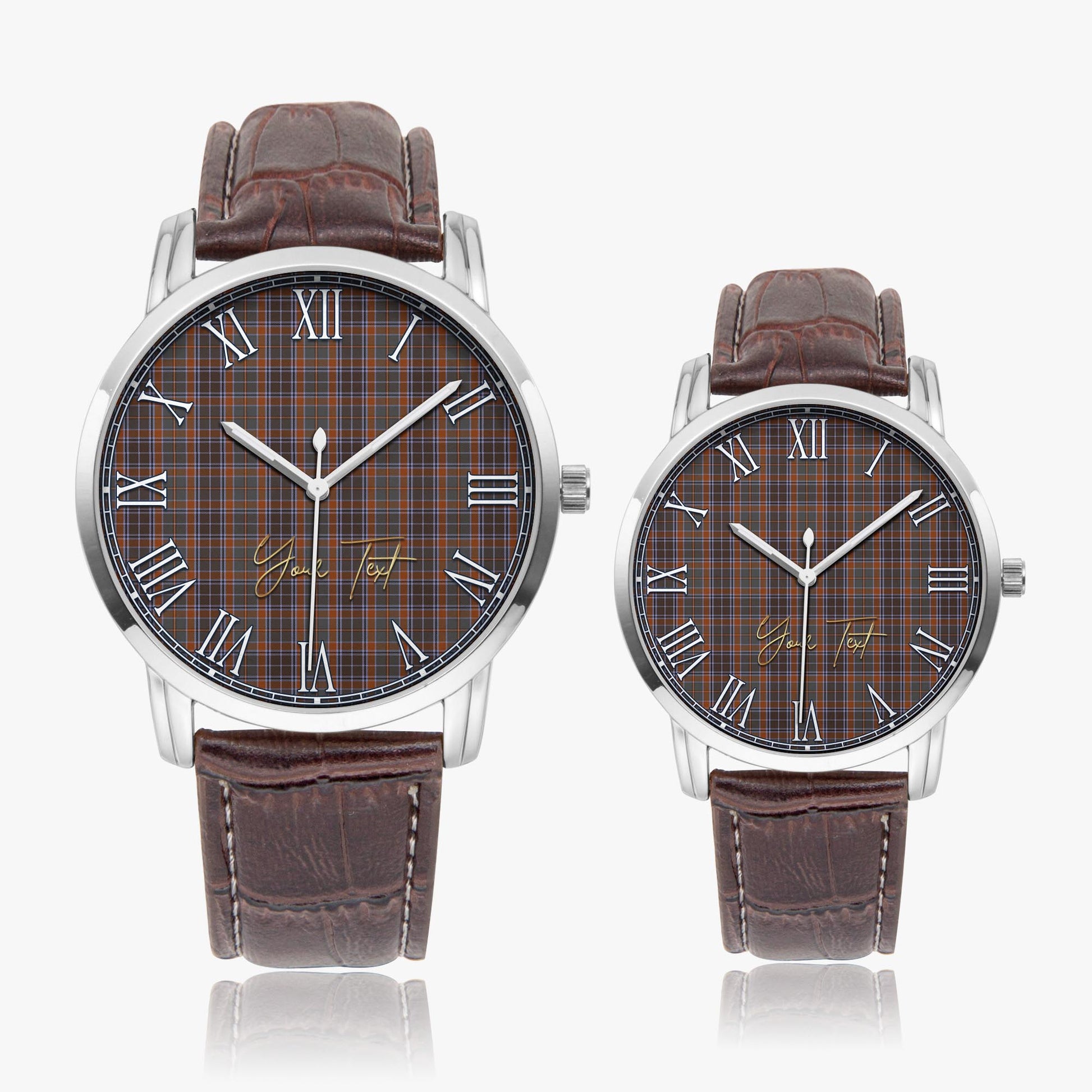 Leitrim County Ireland Tartan Personalized Your Text Leather Trap Quartz Watch Wide Type Silver Case With Brown Leather Strap - Tartanvibesclothing