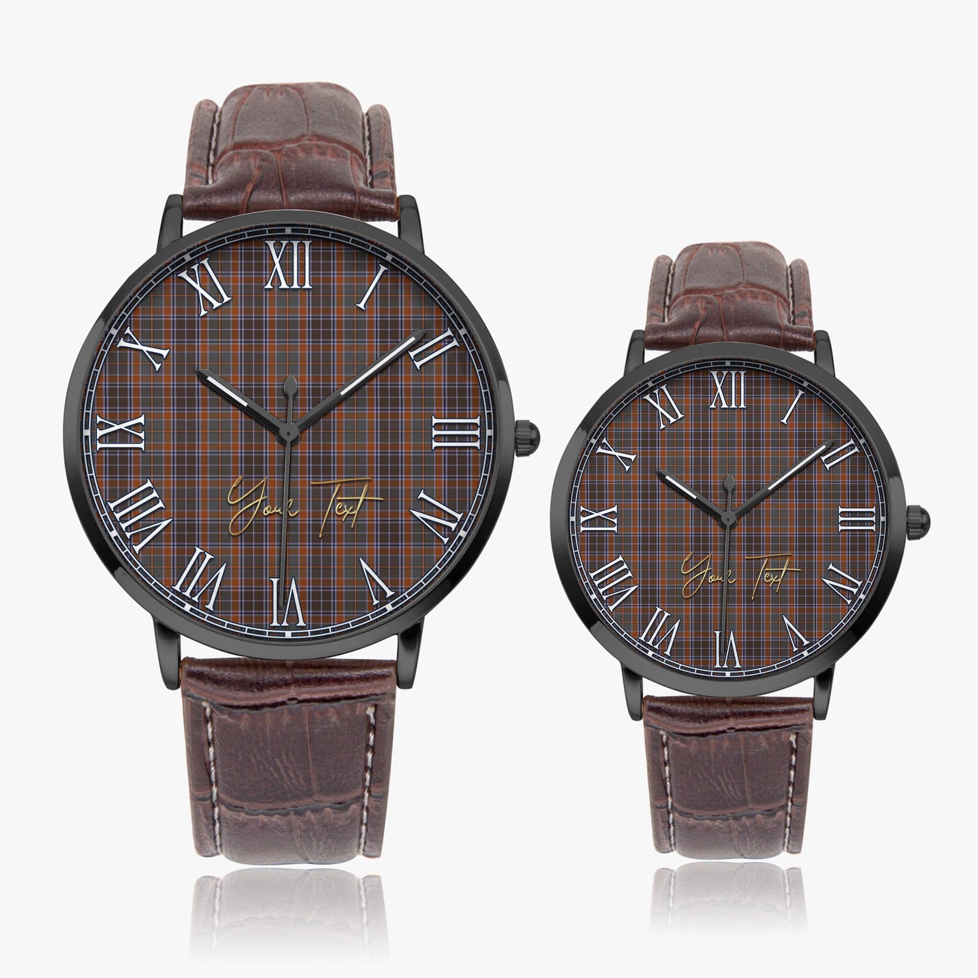 Leitrim County Ireland Tartan Personalized Your Text Leather Trap Quartz Watch Ultra Thin Black Case With Brown Leather Strap - Tartanvibesclothing