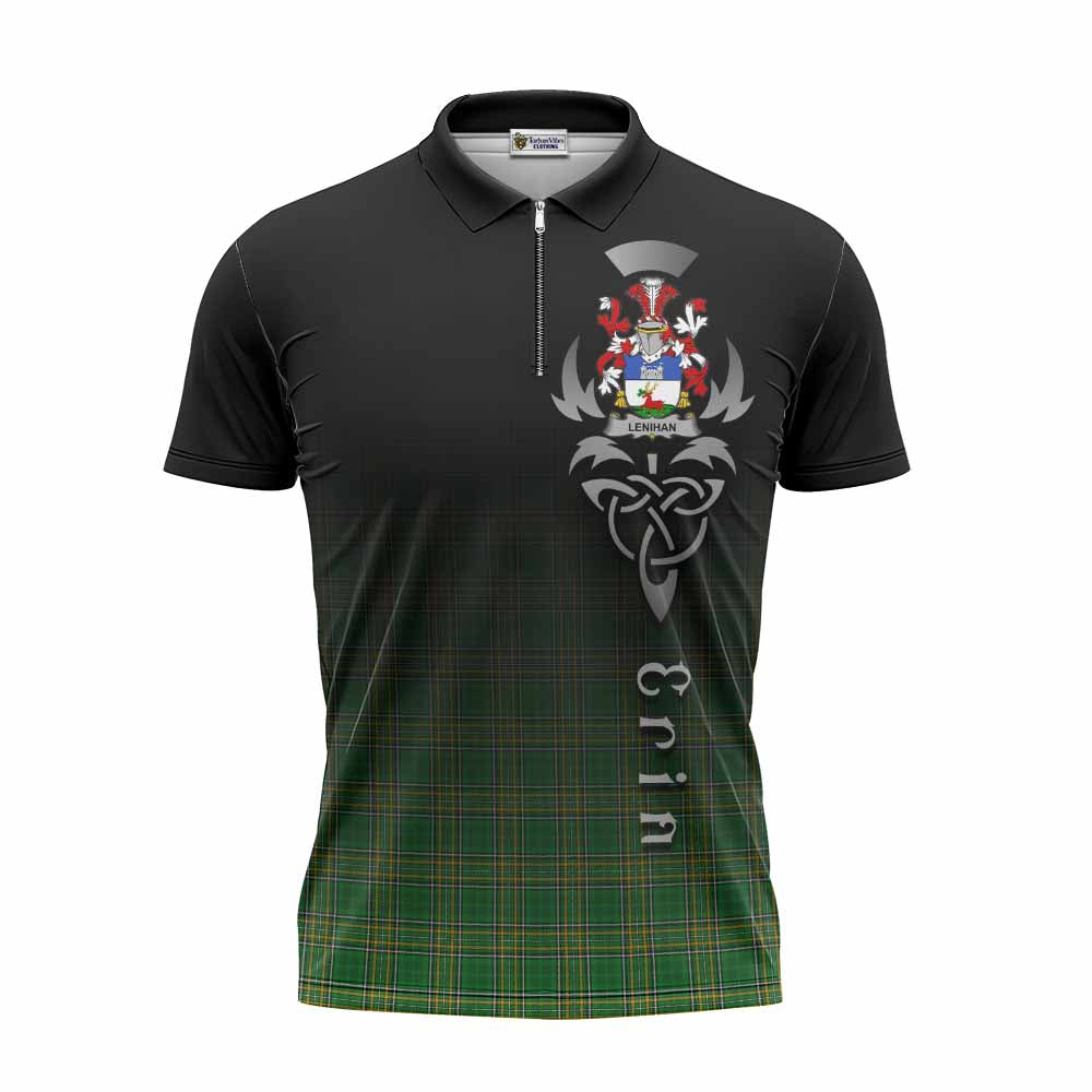 Tartan Vibes Clothing Lenihan Irish Clan Zipper Polo Shirt with Coat of Arms Erin Go Bragh Celtic Inspired