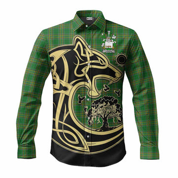 Tartan Vibes Clothing Lennon Irish Tartan Long Sleeve Button Shirt with Coat of Arms Celtic Wolf Style