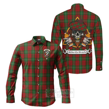 Lennox Tartan Long Sleeve Button Shirt with Family Crest and Bearded Skull Holding Bottles of Whiskey