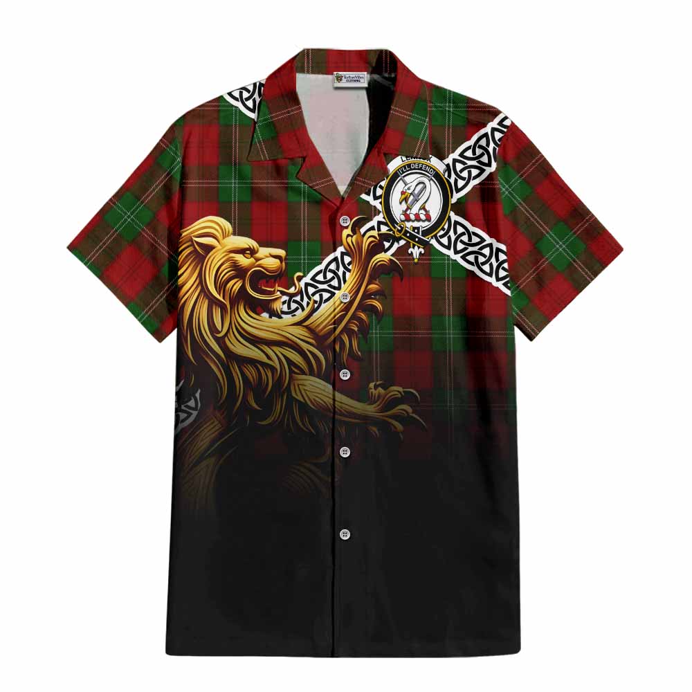 Tartan Vibes Clothing Lennox Crest Tartan Short Sleeve Button Shirt with Golden Lion Emblem Celtic Style