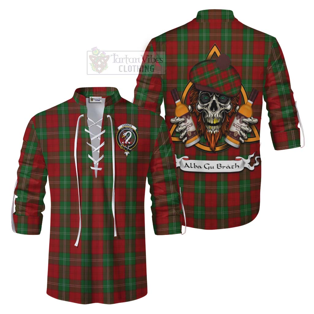 Tartan Vibes Clothing Lennox Tartan Ghillie Kilt Shirt with Family Crest and Bearded Skull Holding Bottles of Whiskey