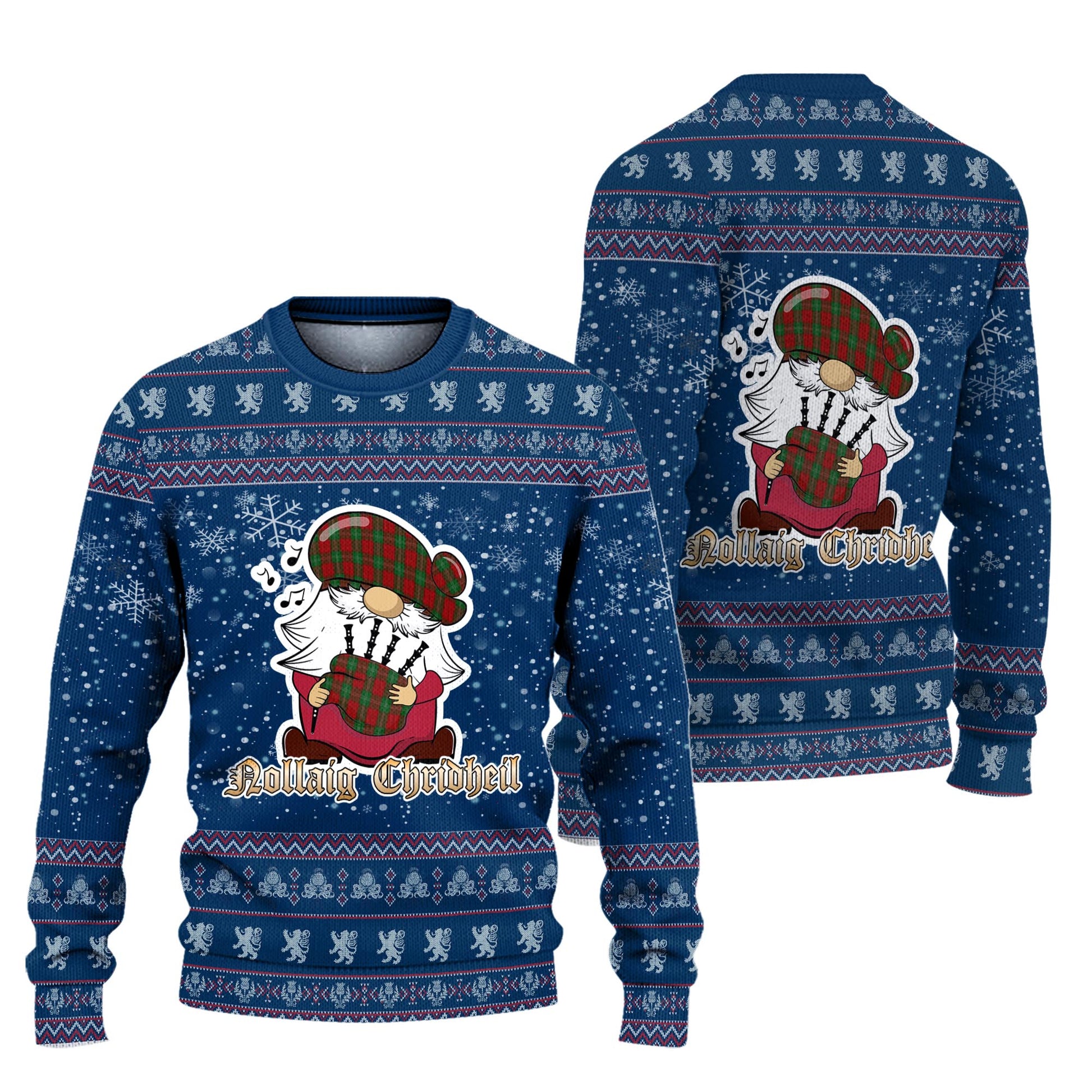 Lennox Clan Christmas Family Knitted Sweater with Funny Gnome Playing Bagpipes Unisex Blue - Tartanvibesclothing