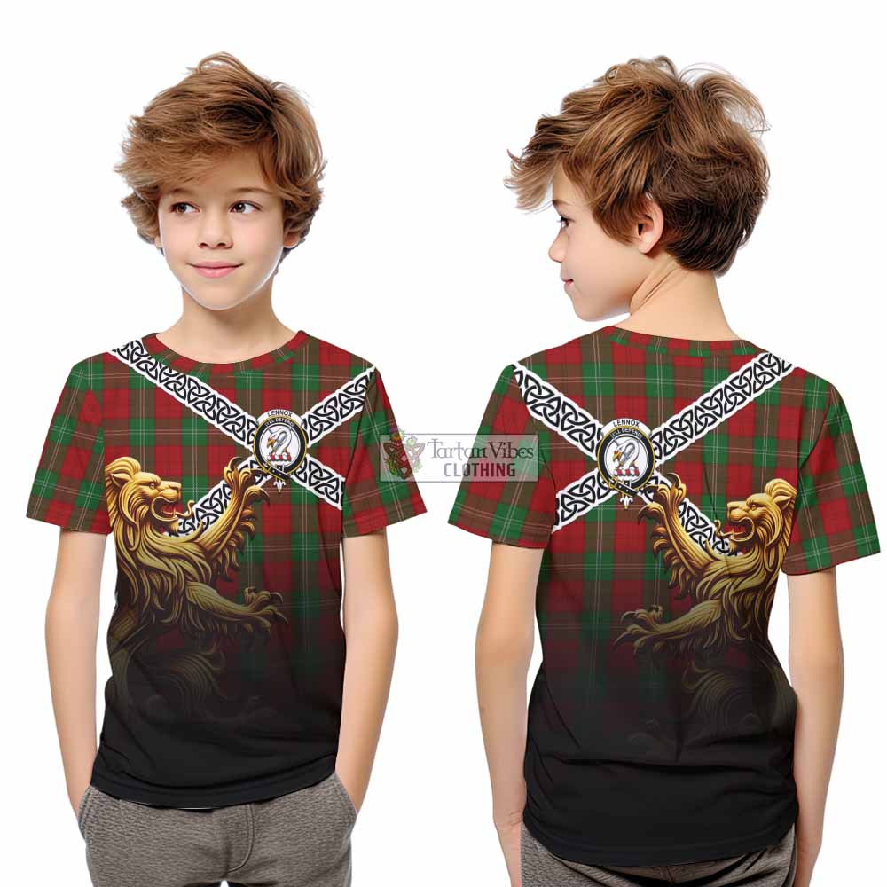 Tartan Vibes Clothing Lennox Crest Tartan Kid T-Shirt with Golden Lion Emblem Celtic Style