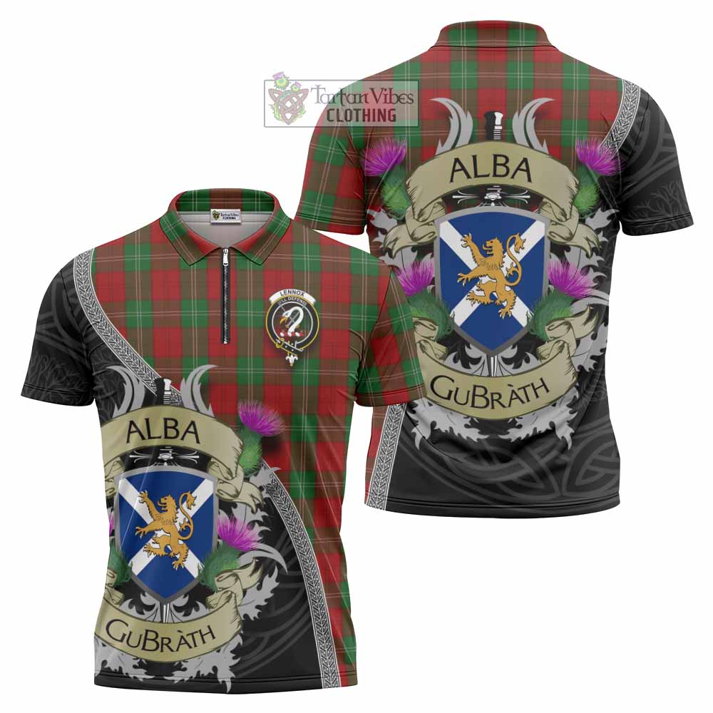 Tartan Vibes Clothing Lennox Tartan Family Crest Zipper Polo Shirt Lion Rampant Royal Thistle Shield Celtic Inspired