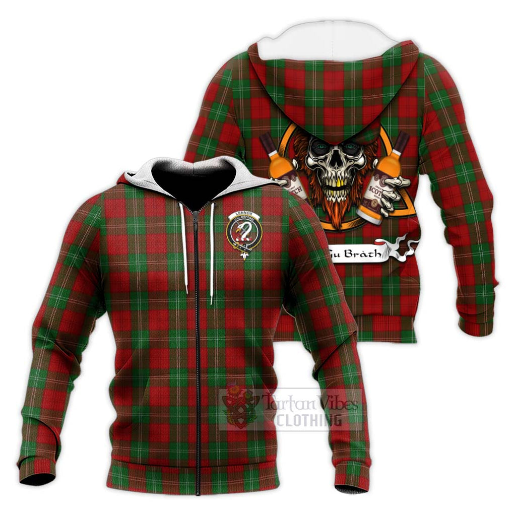Tartan Vibes Clothing Lennox Tartan Knitted Hoodie with Family Crest and Bearded Skull Holding Bottles of Whiskey