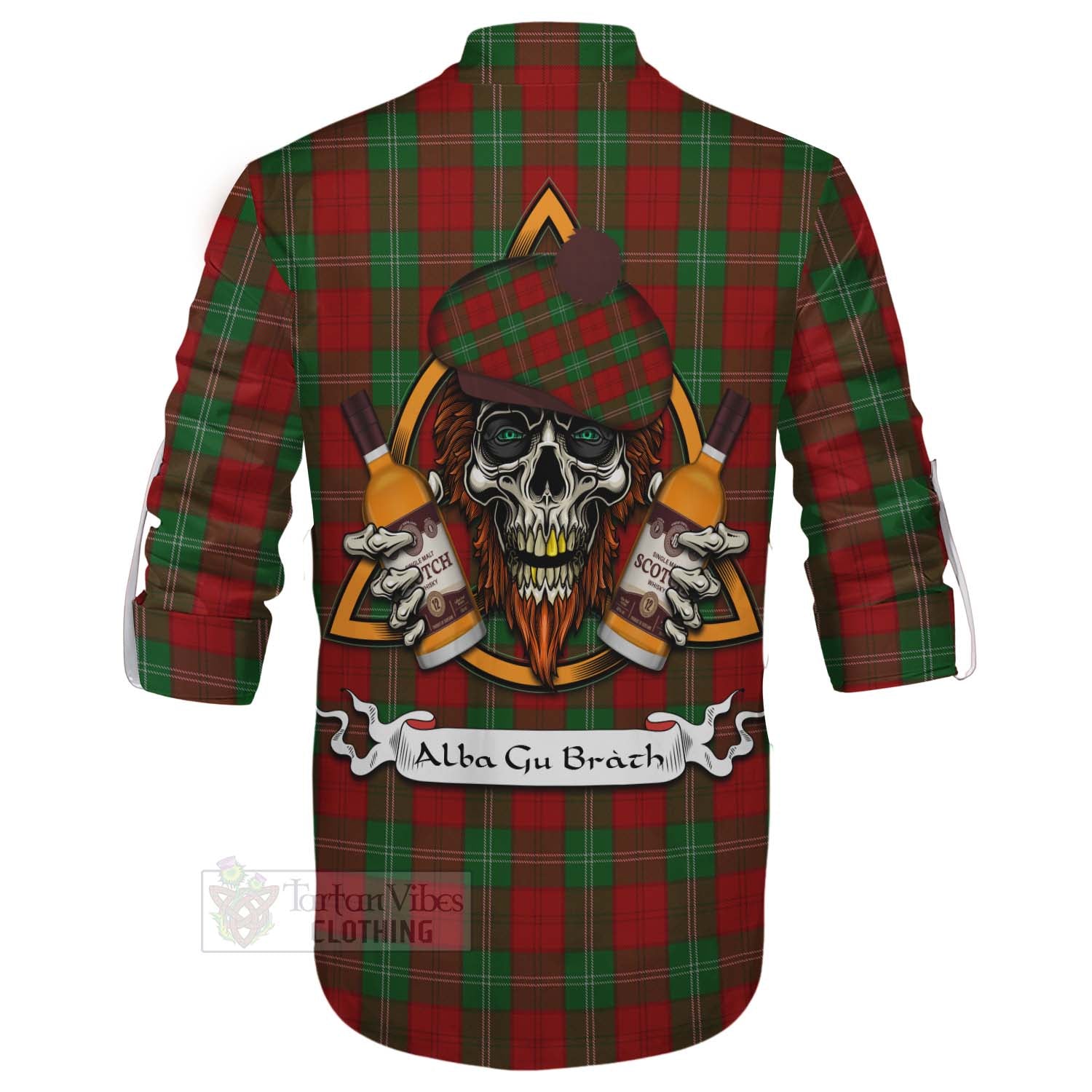 Tartan Vibes Clothing Lennox Tartan Ghillie Kilt Shirt with Family Crest and Bearded Skull Holding Bottles of Whiskey