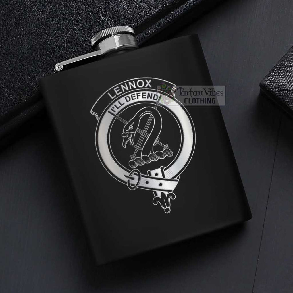 Tartan Vibes Clothing Lennox Crest Hip Flask Set 7oz Black Stainless Steel with A Gift Box
