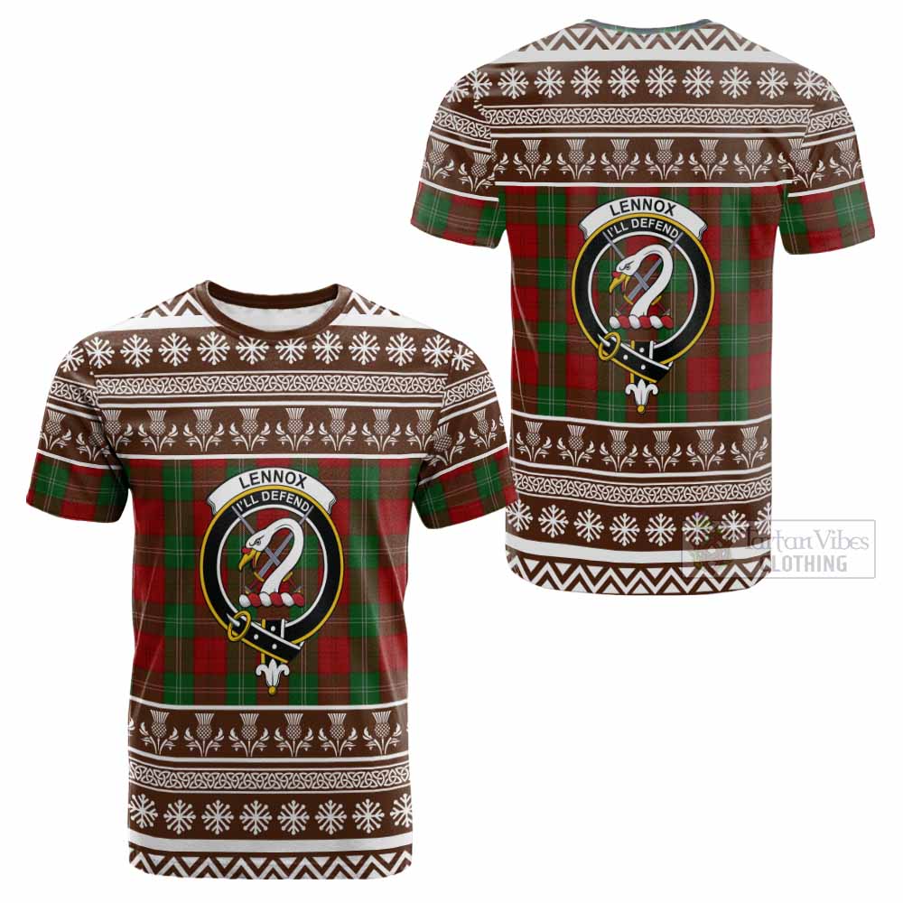 Lennox Clan Tartan Christmas Cotton T-shirt with Family Crest - Tartan Vibes Clothing
