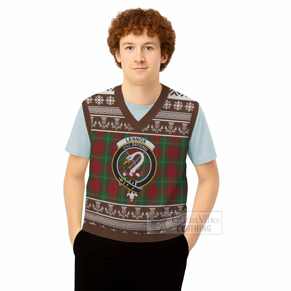 Lennox Clan Tartan Christmas Knitted V-Neck Vest with Family Crest - Tartan Vibes Clothing