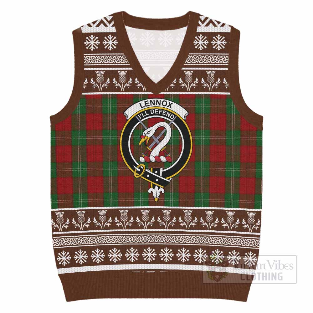Lennox Clan Tartan Christmas Knitted V-Neck Vest with Family Crest - Tartan Vibes Clothing