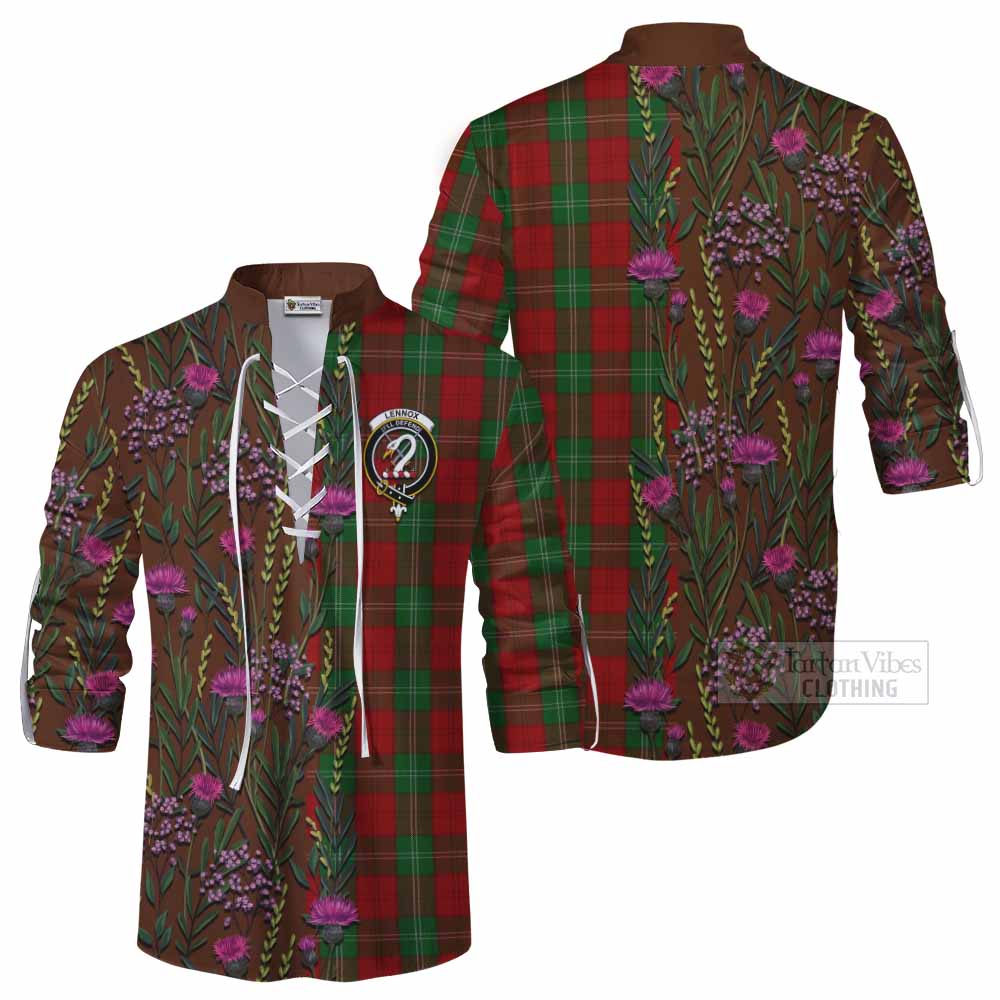 Lennox Family Crest Tartan Ghillie Shirt Scottish Thistle Flower Pattern Half Style - Tartan Vibes Clothing