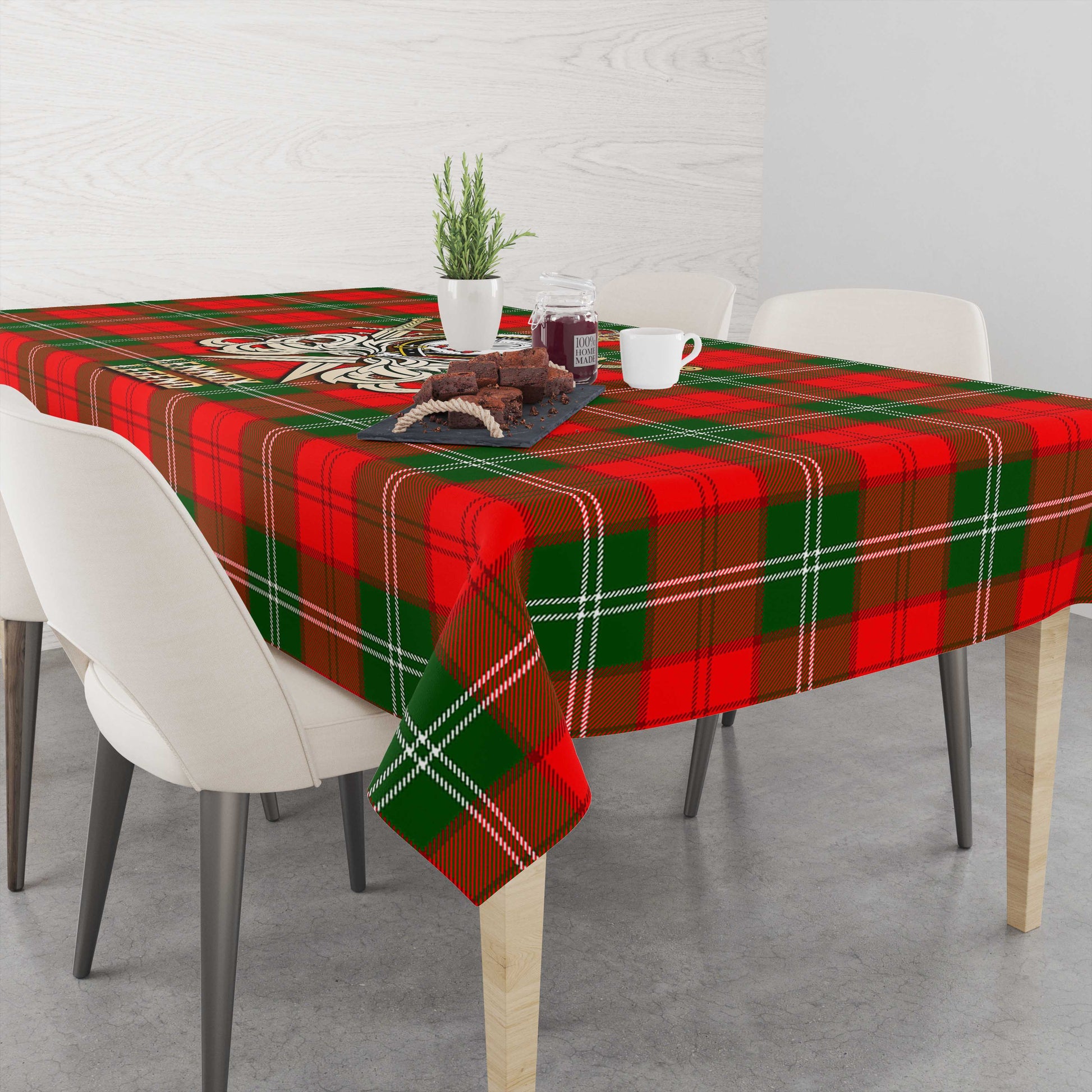 Tartan Vibes Clothing Lennox Modern Tartan Tablecloth with Clan Crest and the Golden Sword of Courageous Legacy