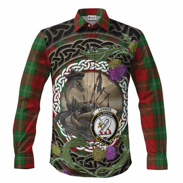 Lennox Tartan Crest Bagpipe Nessie Long Sleeve Button Shirts Scottish Loch Ness Monster Celtic Thistle