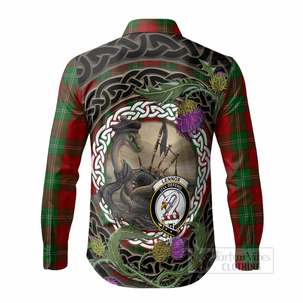 Lennox Tartan Crest Bagpipe Nessie Long Sleeve Button Shirts Scottish Loch Ness Monster Celtic Thistle