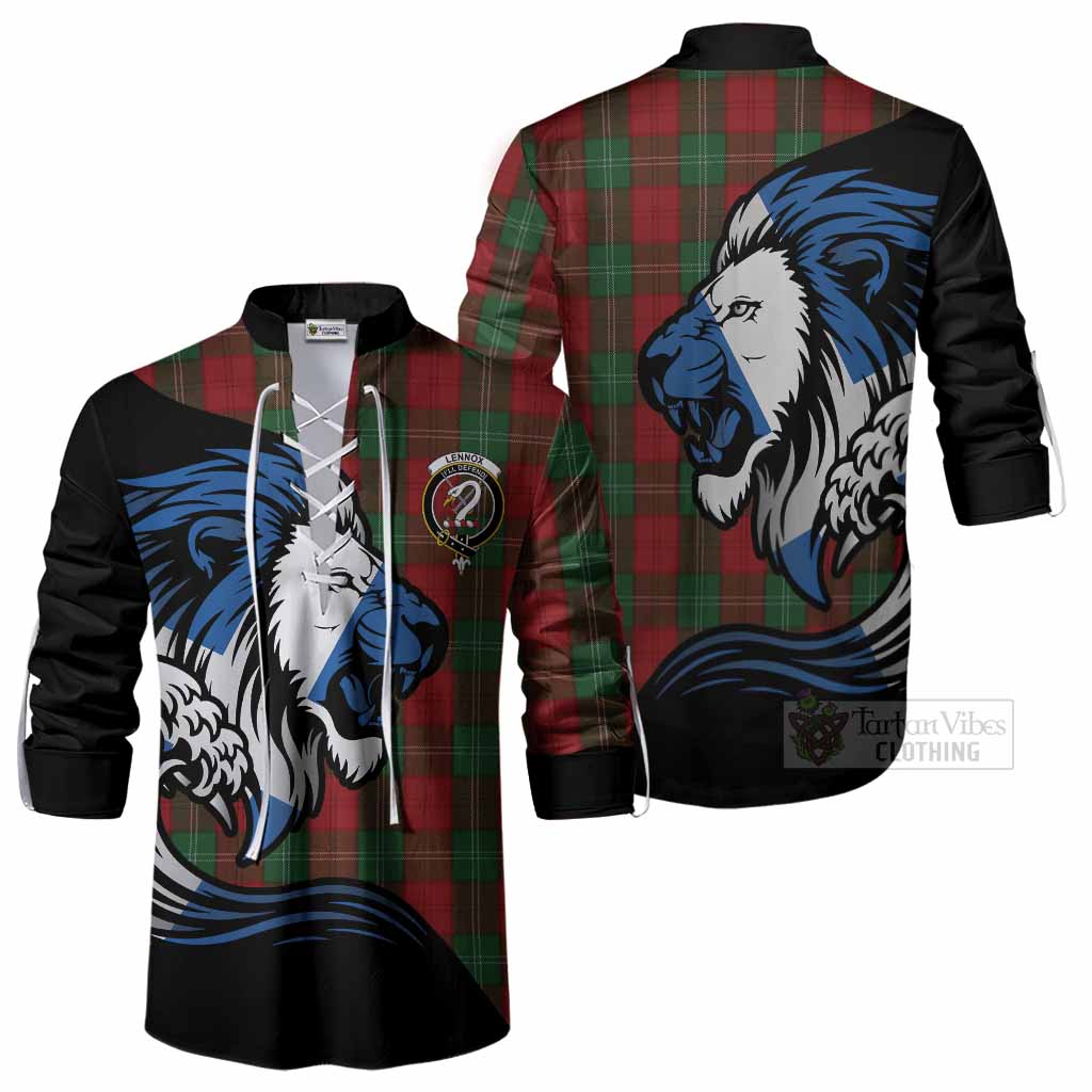 Lennox Tartan Crest Ghillie Shirt Scottish Golden Lions Wave Flow