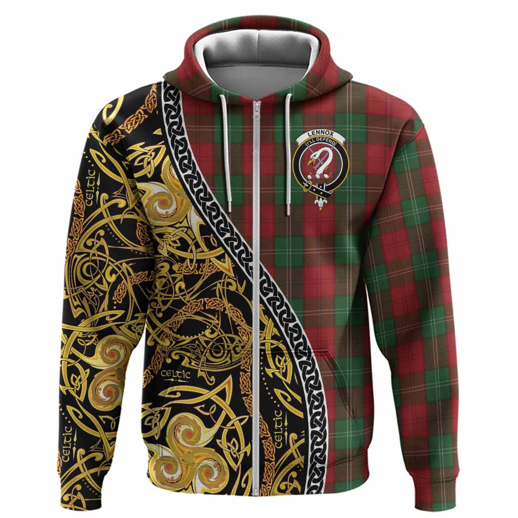Lennox Tartan Crest Hoodie Celtic Knot and Triple Trickle Spiral Symbols