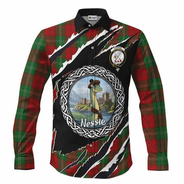Lennox Tartan Crest Loch Ness Monster Long Sleeve Button Shirts Celtic Knot Nessie Art