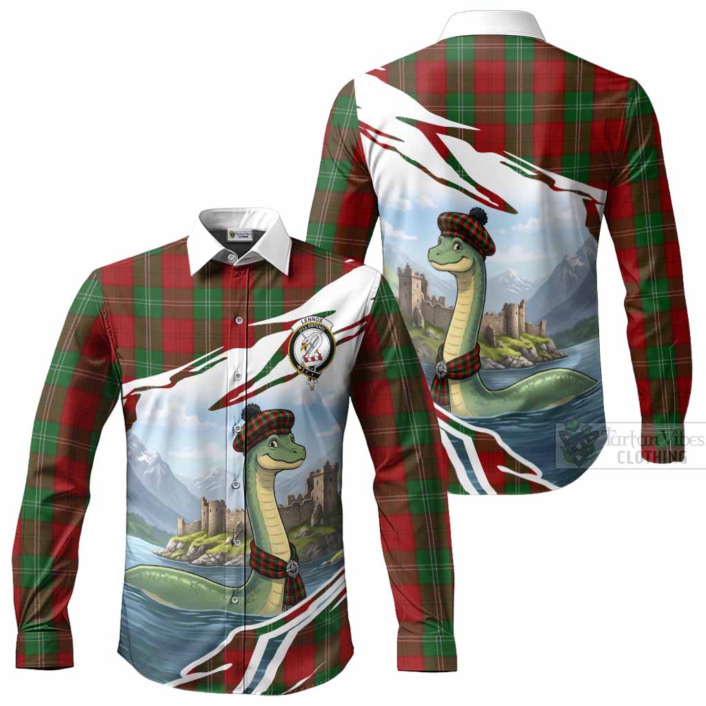 Lennox Tartan Crest Loch Ness Monster Scottish Heritage Art Long Sleeve Button Shirts