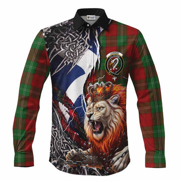 Lennox Tartan Crest Long Sleeve Button Shirts Heritage Flag Grunge Celtic Knot and Lion Rampant