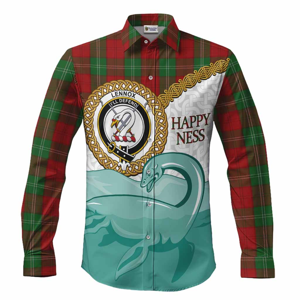Lennox Tartan Crest Scottish Loch Ness Monster Long Sleeve Button Shirts Happy Ness Scotland Celtic Knot