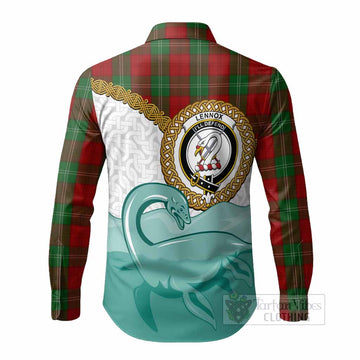 Lennox Tartan Crest Scottish Loch Ness Monster Long Sleeve Button Shirts Happy Ness Scotland Celtic Knot