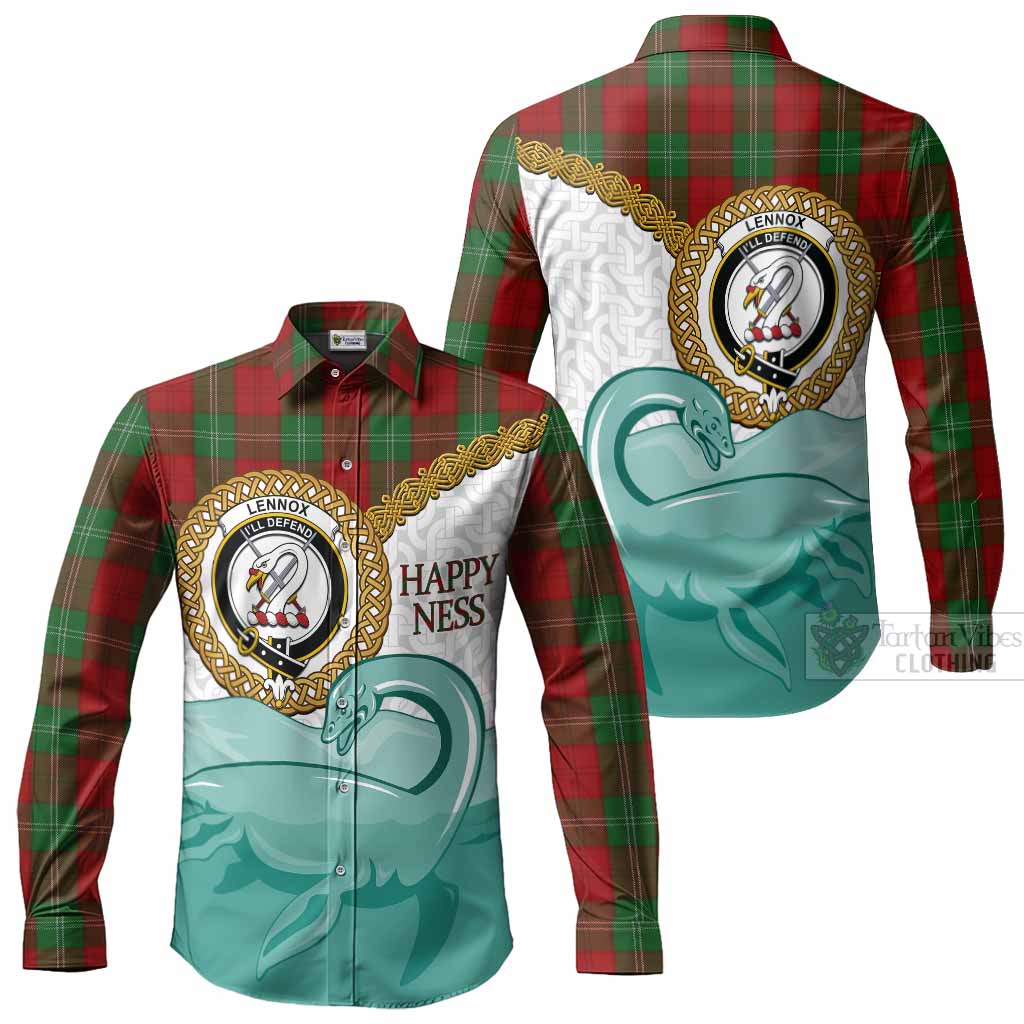 Lennox Tartan Crest Scottish Loch Ness Monster Long Sleeve Button Shirts Happy Ness Scotland Celtic Knot