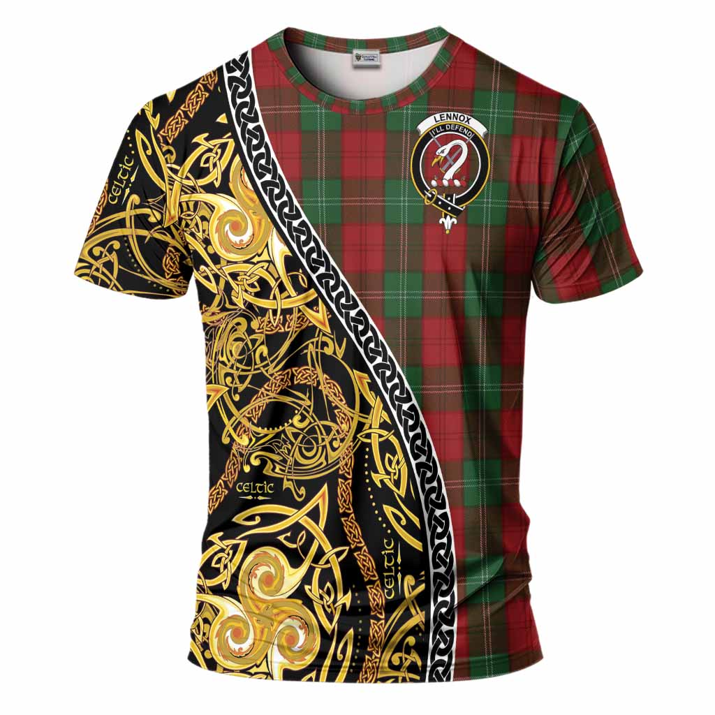 Lennox Tartan Crest T-Shirt Celtic Knot and Triple Trickle Spiral Symbols